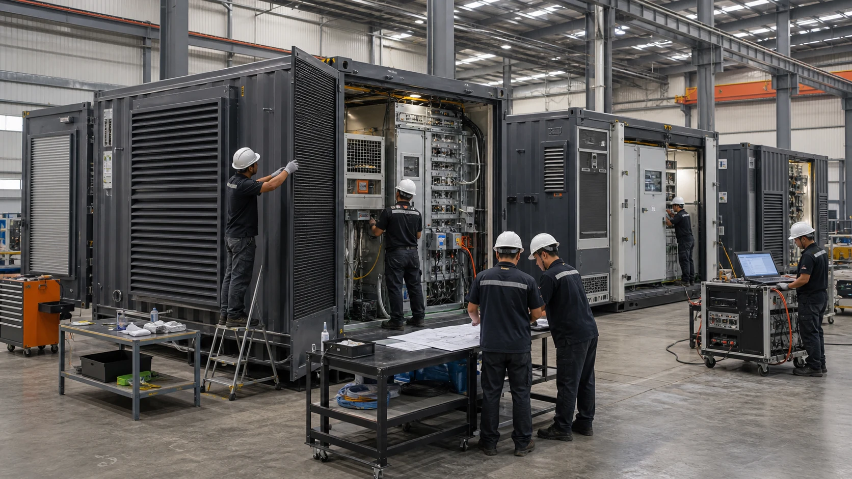 Illustrative EN+ modular power enclosures being assembled, integrated and factory-tested in an ASEAN facility